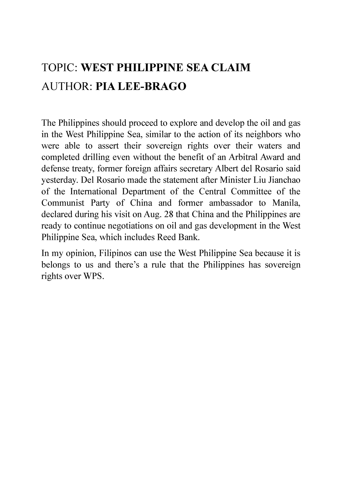 argumentative essay about west philippine sea brainly