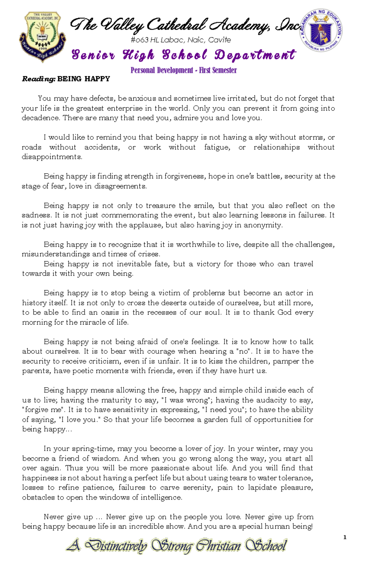Reading- Being- Happy - The Valley Cathedral Academy, Inc. #o63 HL