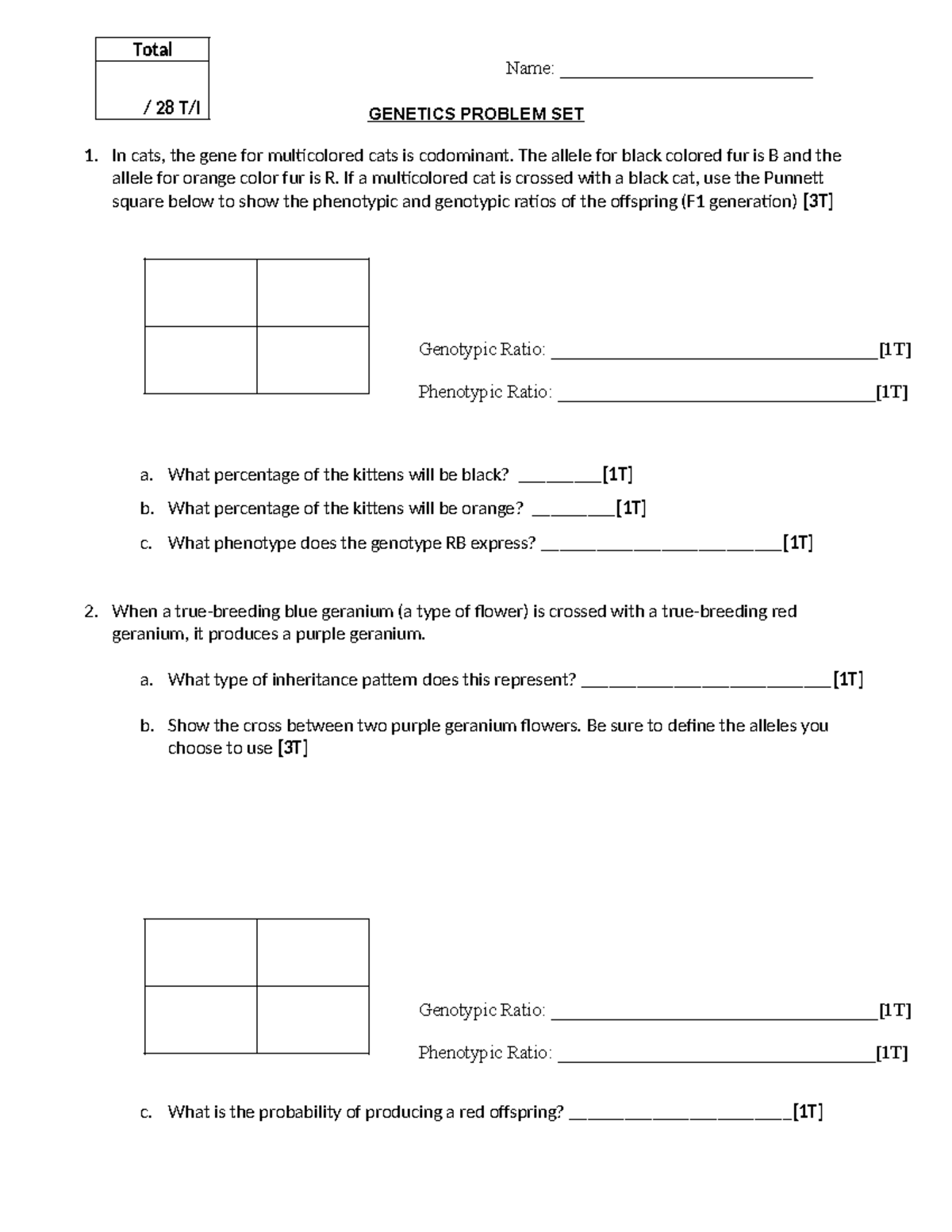Genetics Problem Set - Name: ___________________________ GENETICS ...
