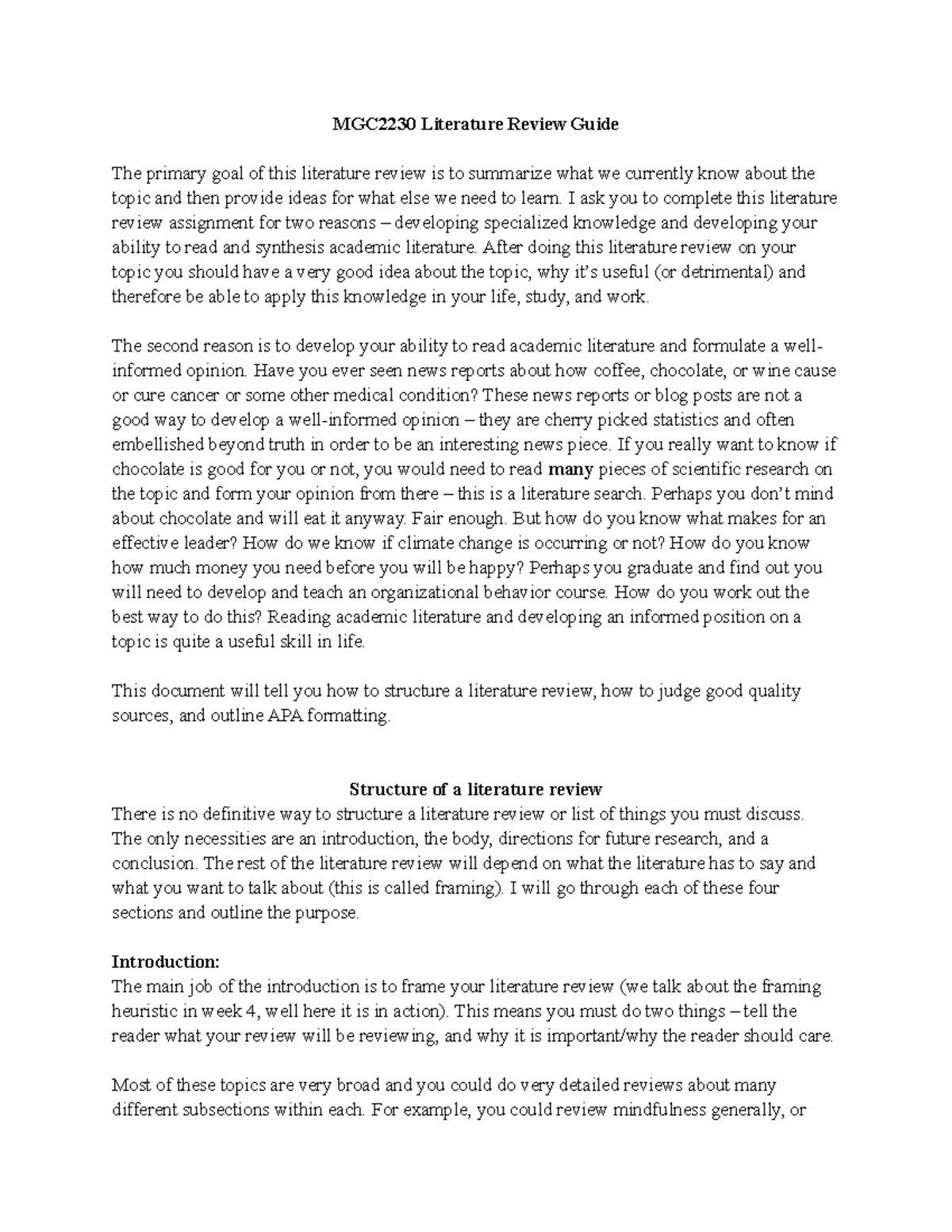 Literature Review Guide MGC2230 - MGC2230 Literature Review Guide The ...