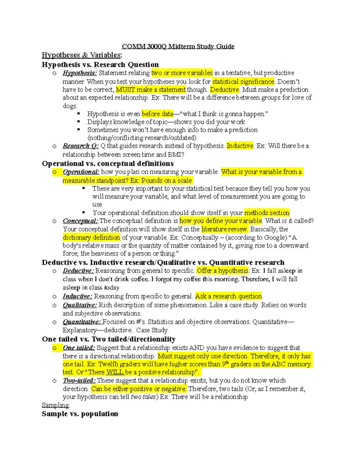 Midterm Study Guide Fall 2018 - COMM Midterm Study Guide Hypotheses ...