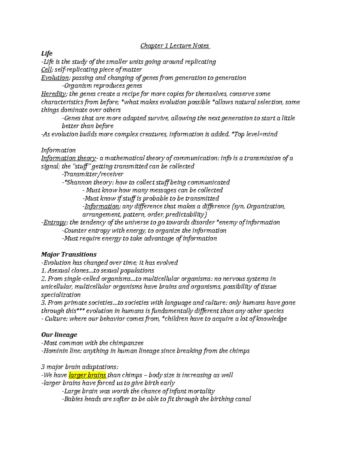 Chapter 1 Lecture Notes - Chapter 1 Lecture Notes Life -Life is the ...