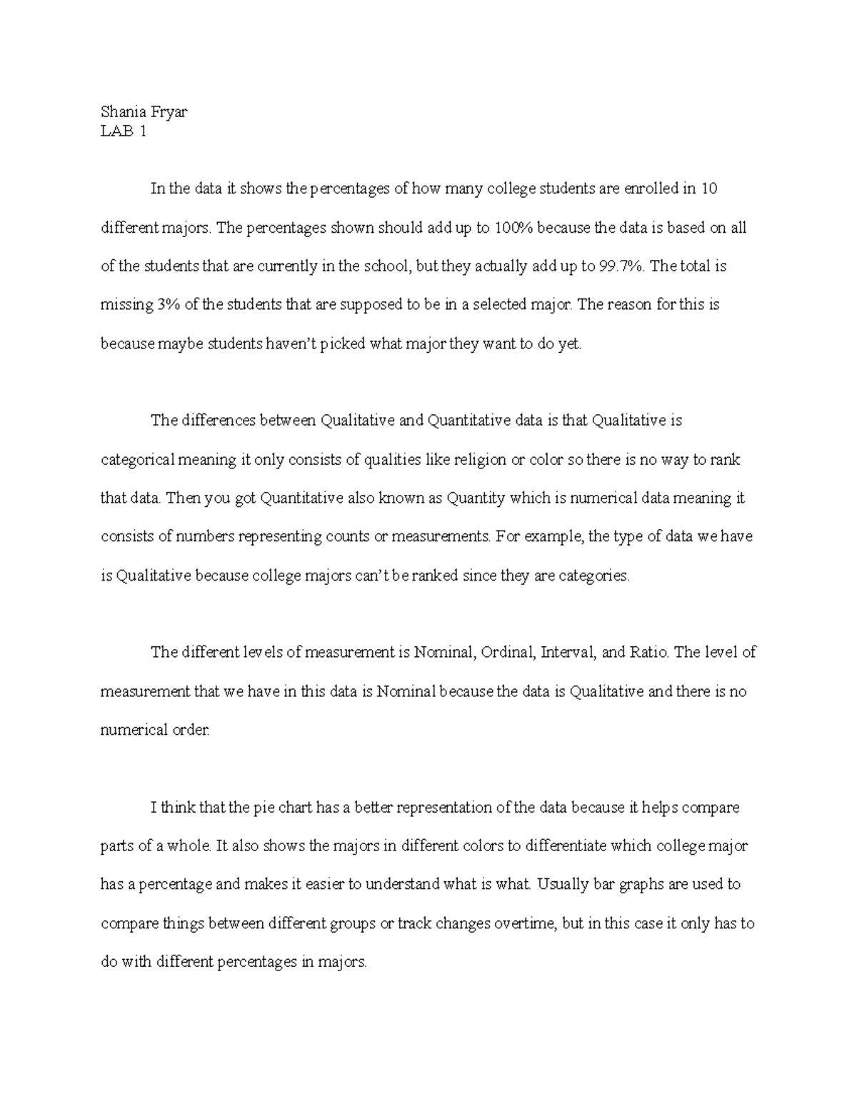 LAB 1 Math 336 math lab Shania Fryar LAB 1 In the data it shows the percentages of how many