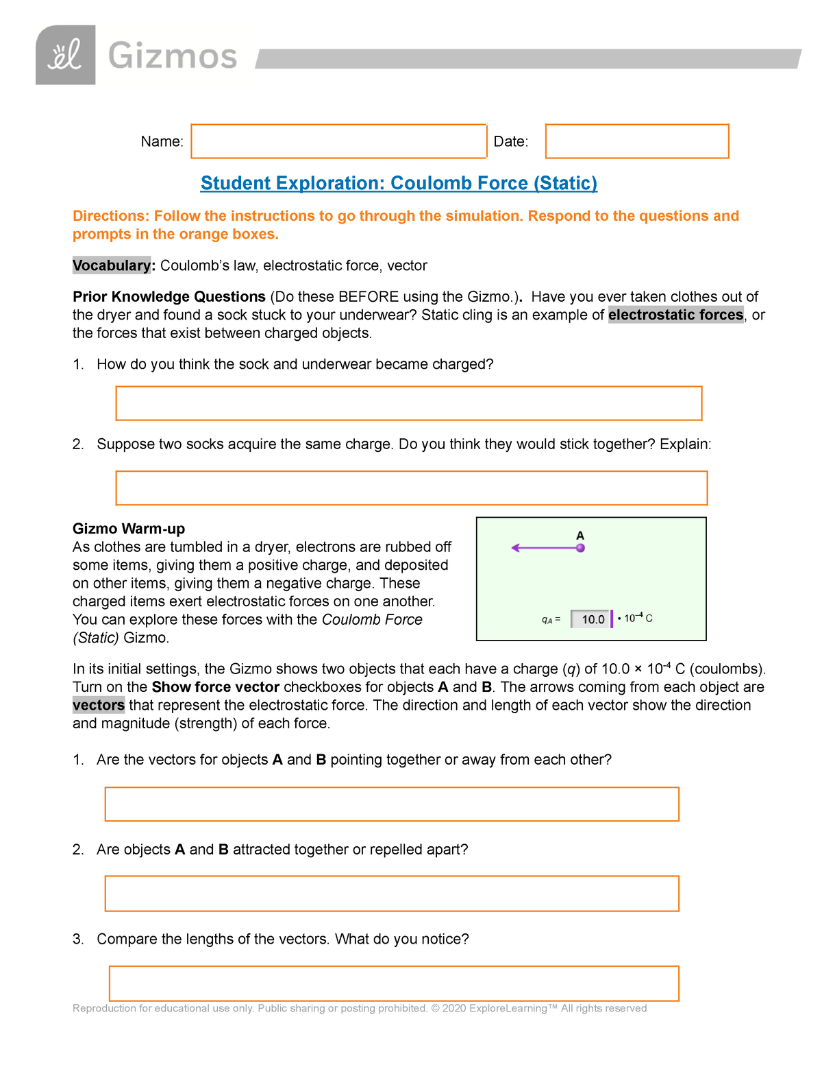 Annotated-Static Coulomb Force SE - Name: Date: Student Exploration ...