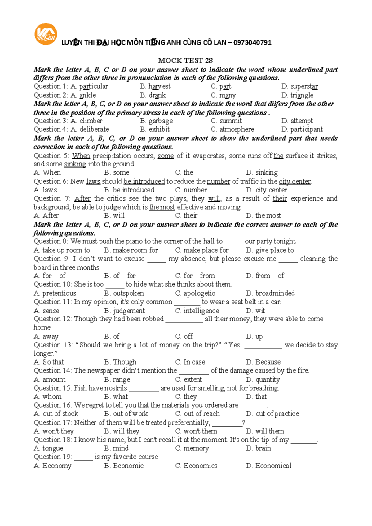 MOCK TEST 28 - Bbmnbmnbnmbm - MOCK TEST 28 Mark The Letter A, B, C Or D ...