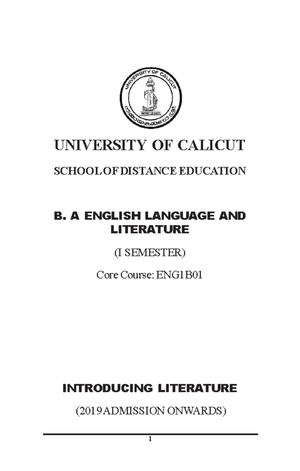 Introducing Literature B.A. Ist Sem - UNIVERSITY OF CALICUT SCHOOL OF ...