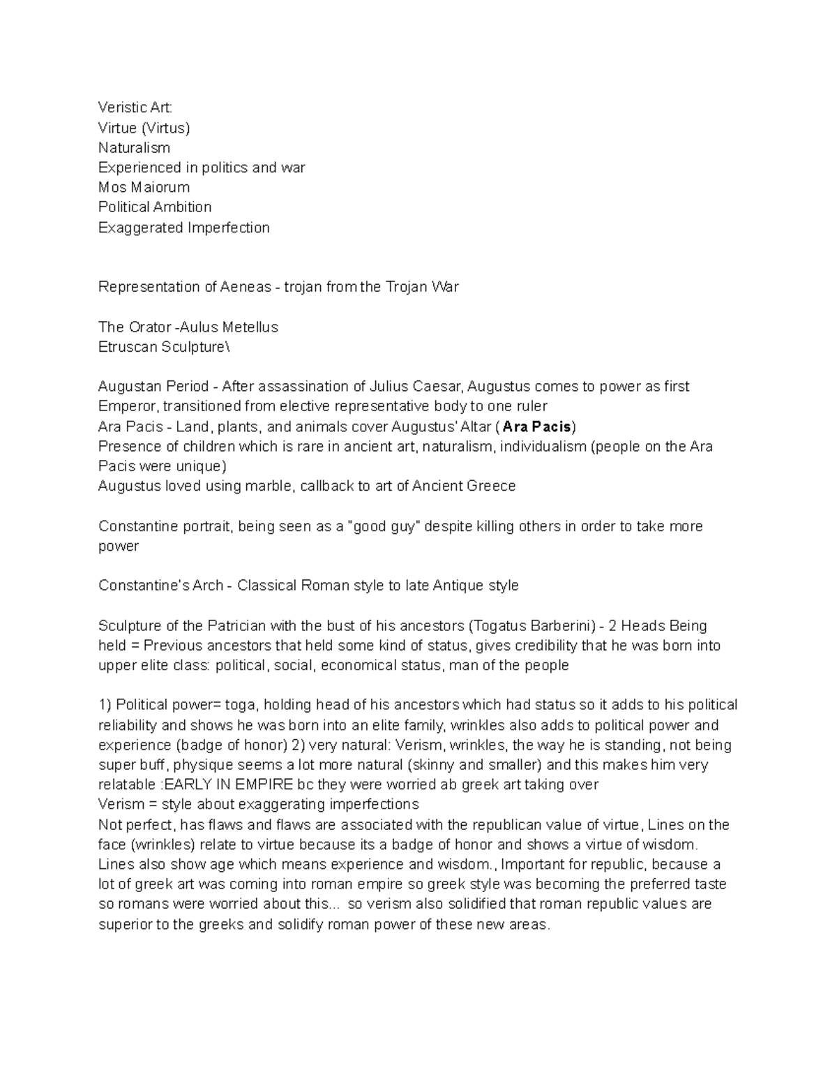 Class 5 Ancient Roman Art Notes Veristic Art Virtue (Virtus) Naturalism Experienced in