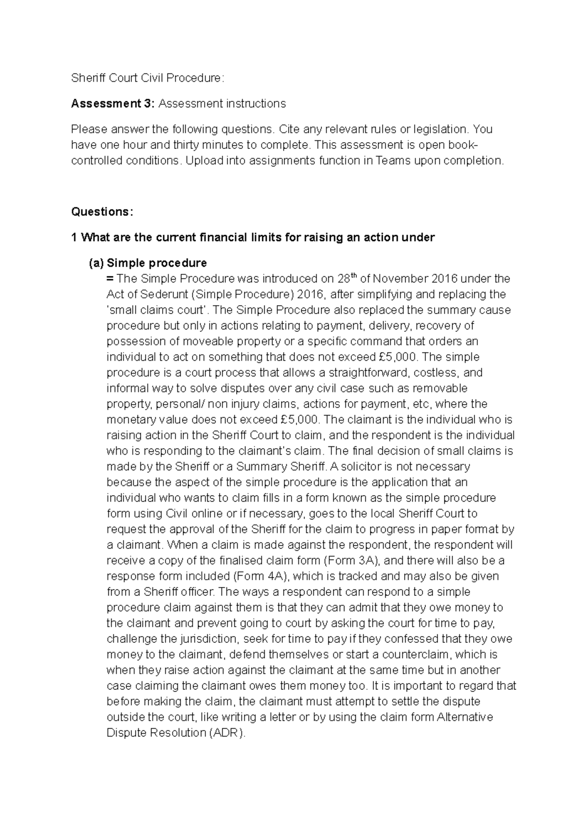Assessment 3 Sheriff Court Civil 2022 Sheriff Court Civil Procedure
