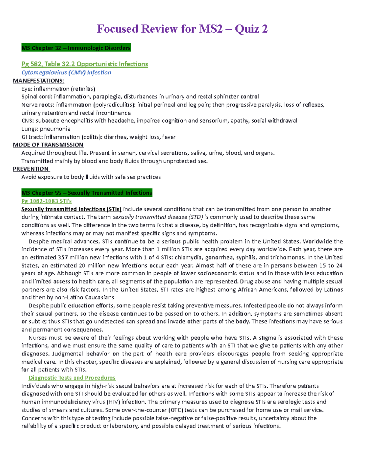 MS2 Quiz 2 sexually transmitted diseases MS Chapter 32 Immunologic