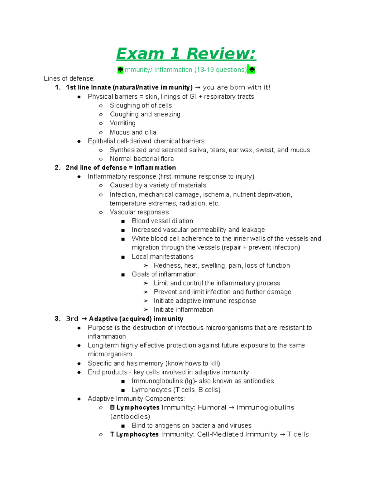 Study guide exam 1 - Exam 1 Review: Immunity/ Inflammation (13-19 ...
