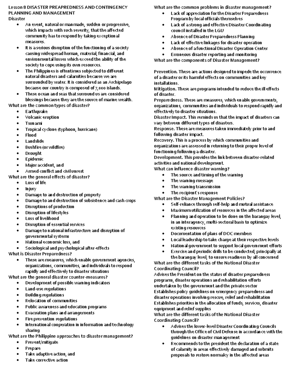 Lesson 8 Disaster Preapredness AND Contingency Planning AND Management ...