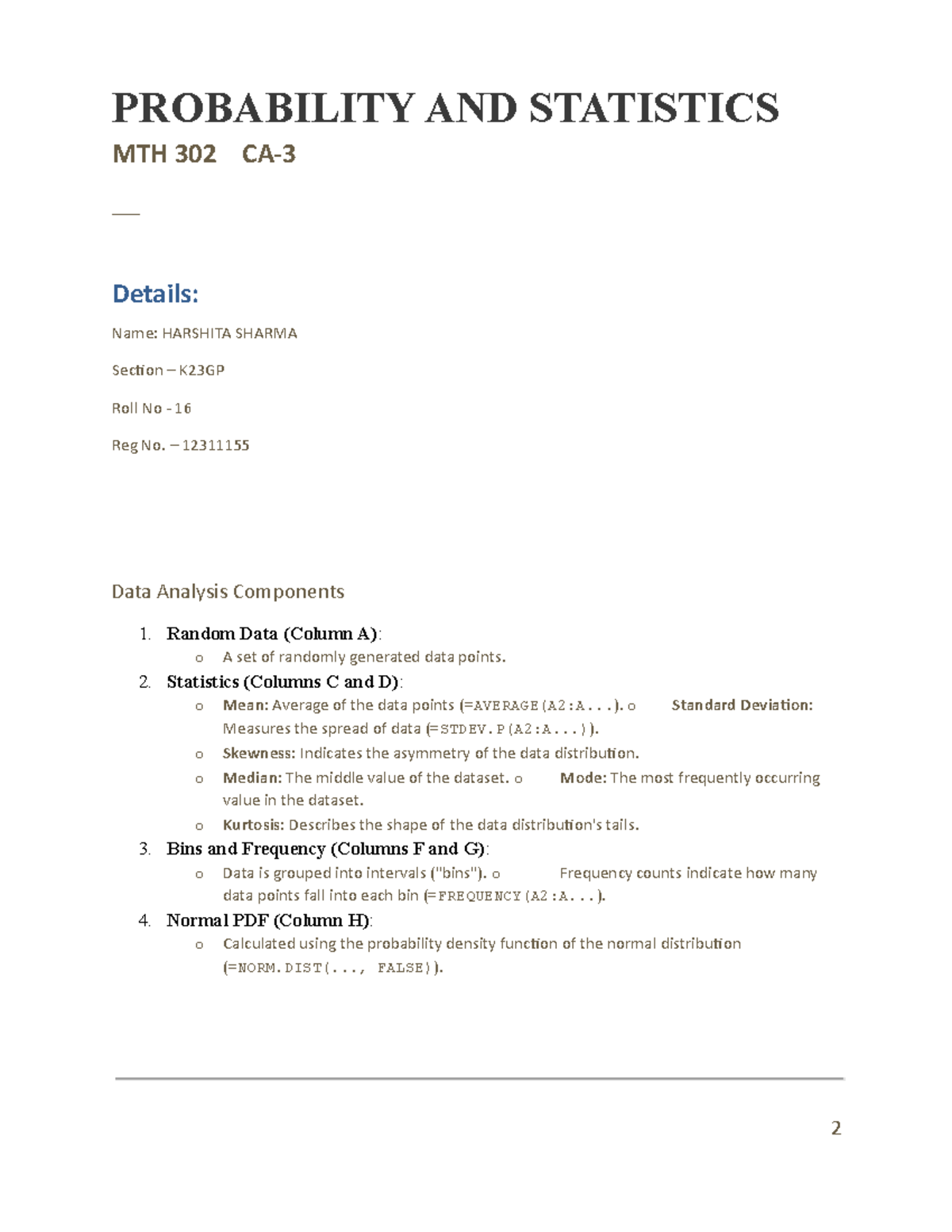 Maths chap 6 excel file - PROBABILITY AND STATISTICS MTH 302 CA- 3 ...
