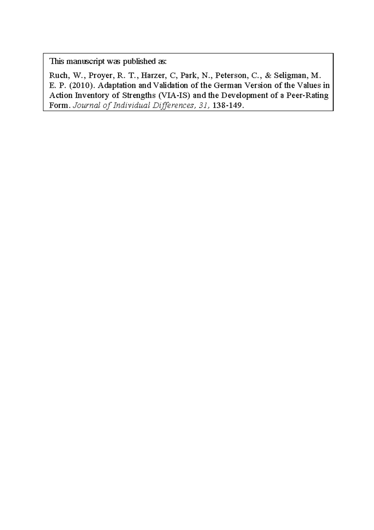Values in action inventory of strengths this manuscript was published