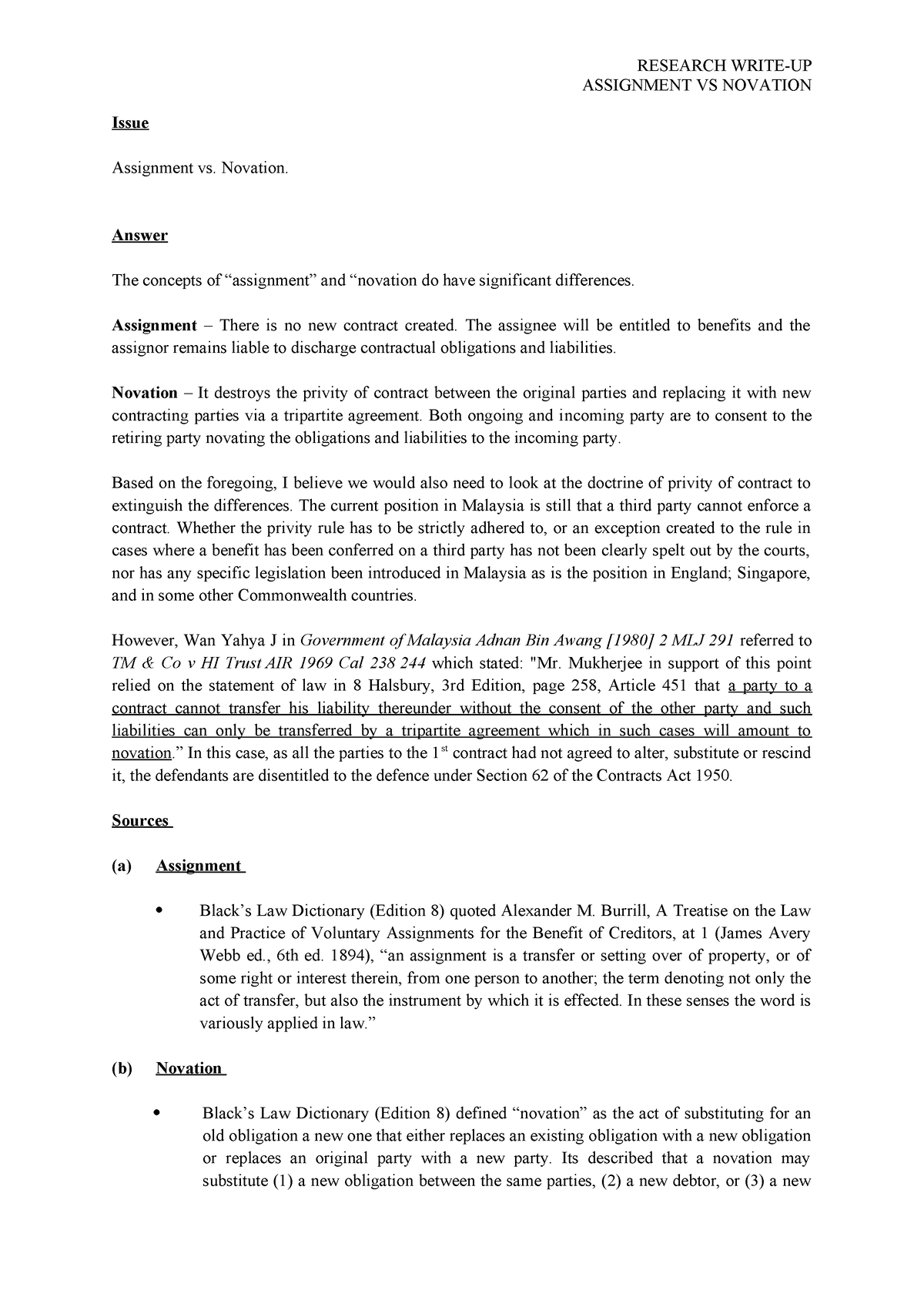 Research - Assign vs Novate - RESEARCH WRITE-UP ASSIGNMENT VS NOVATION ...