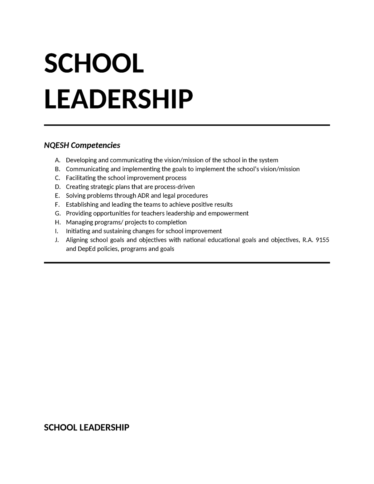 A School Leadership - SCHOOL LEADERSHIP NQESH Competencies A ...