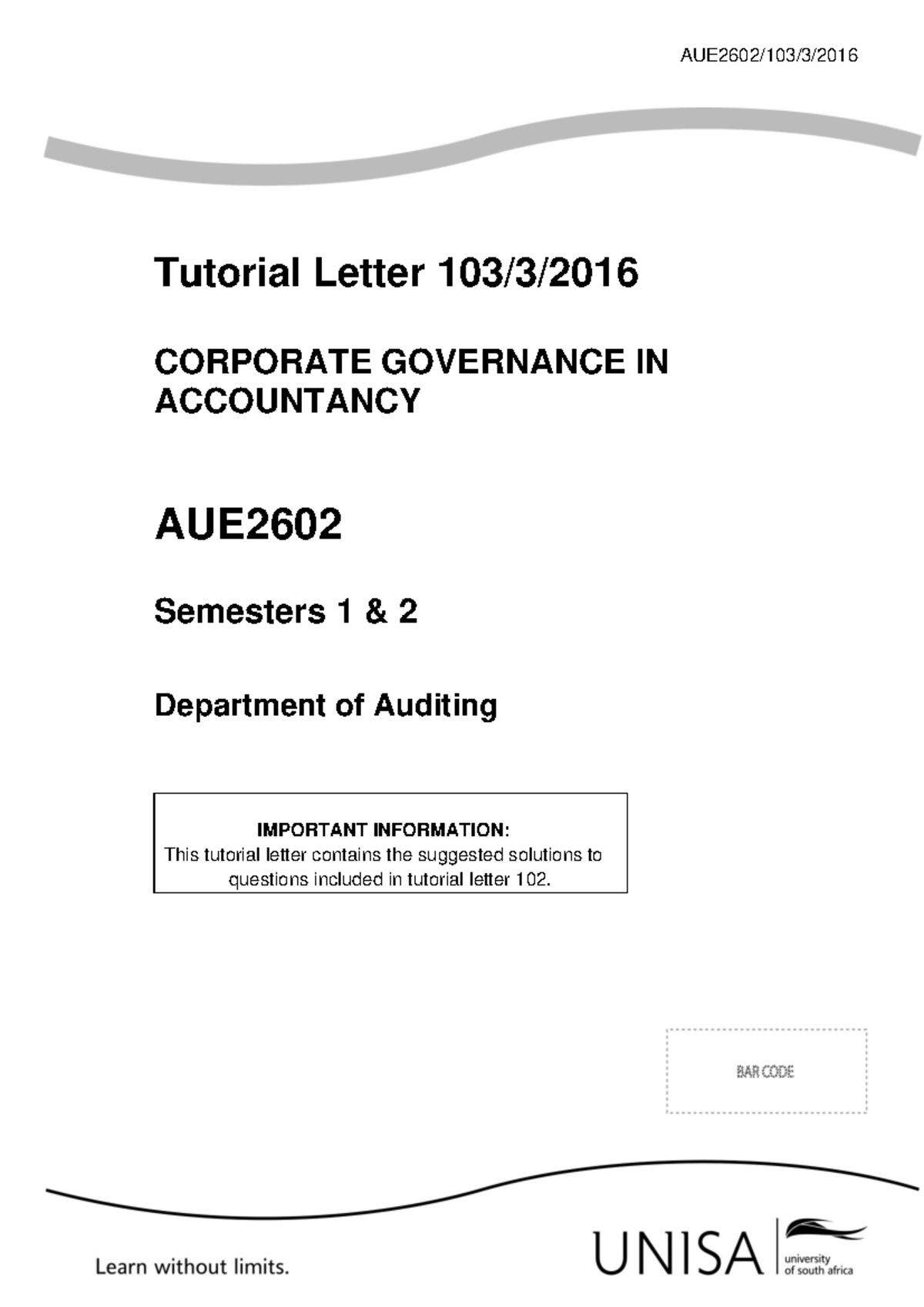 AUE2602-103 2016 3 E - AUE2602/103/3/ Tutorial Letter 103/3/ CORPORATE ...