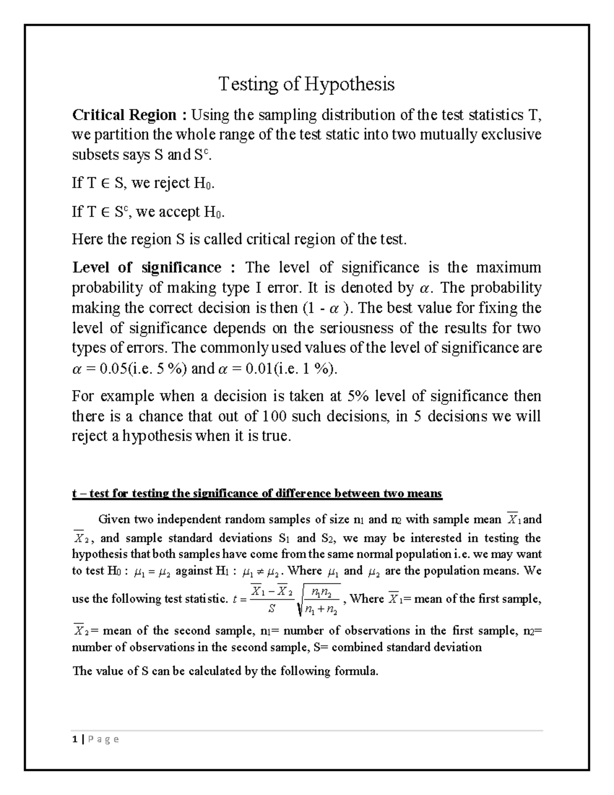 Parametric Test all - Testing of Hypothesis Critical Region : Using the ...