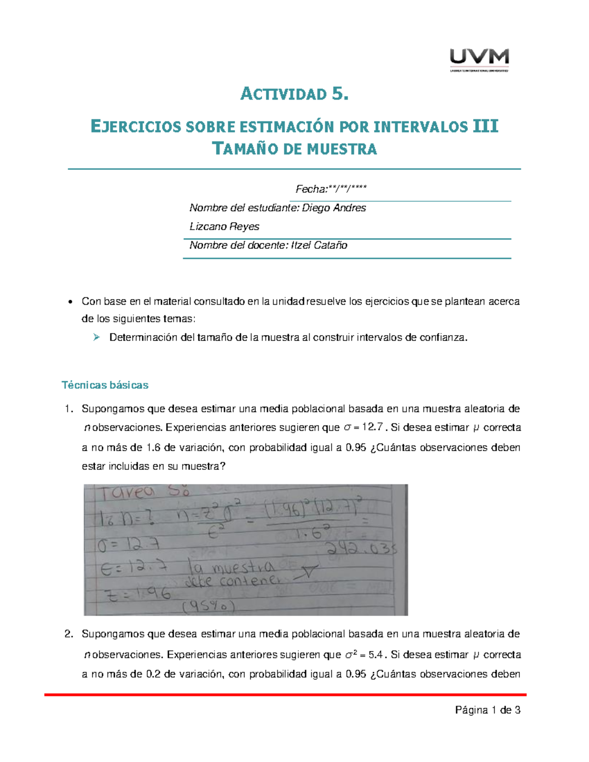 A5 Ejercicios Estadistica - ACTIVIDAD 5. EJERCICIOS SOBRE ESTIMACI”N ...