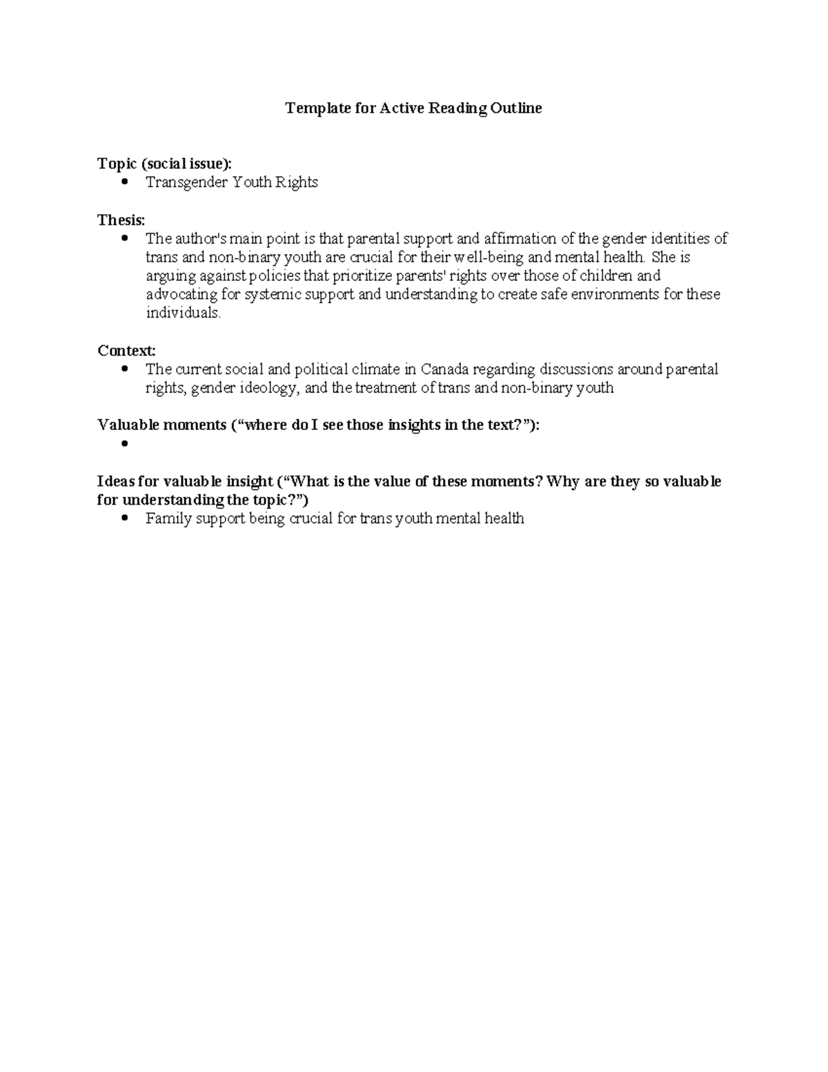 Template for Active Reading Outline - She is arguing against policies ...