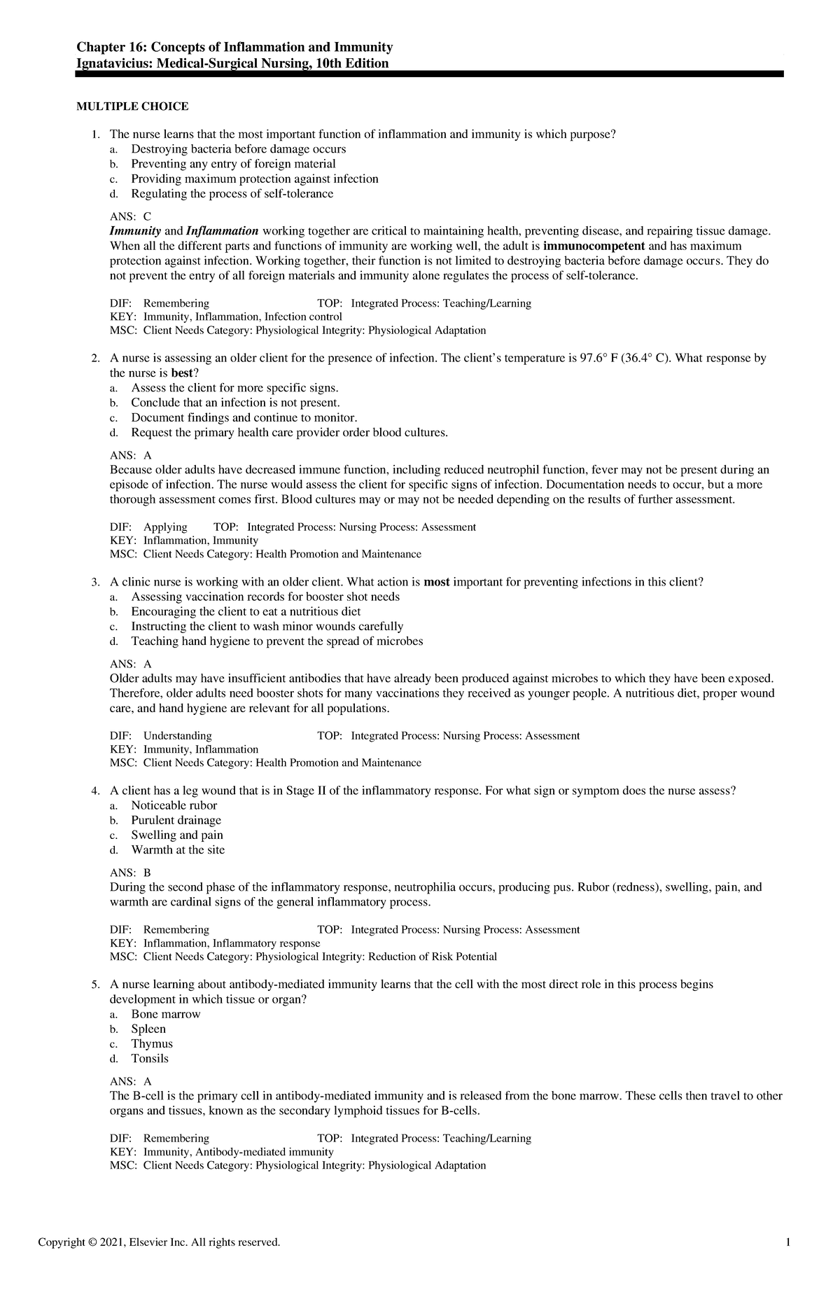 Exam View - Chapter 16 - Concepts of Inflammation and Immunity ...