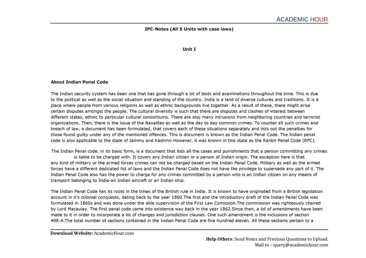 Ipc Notes - IPC-Notes (All 5 Units With Case Laws) Unit I About Indian ...