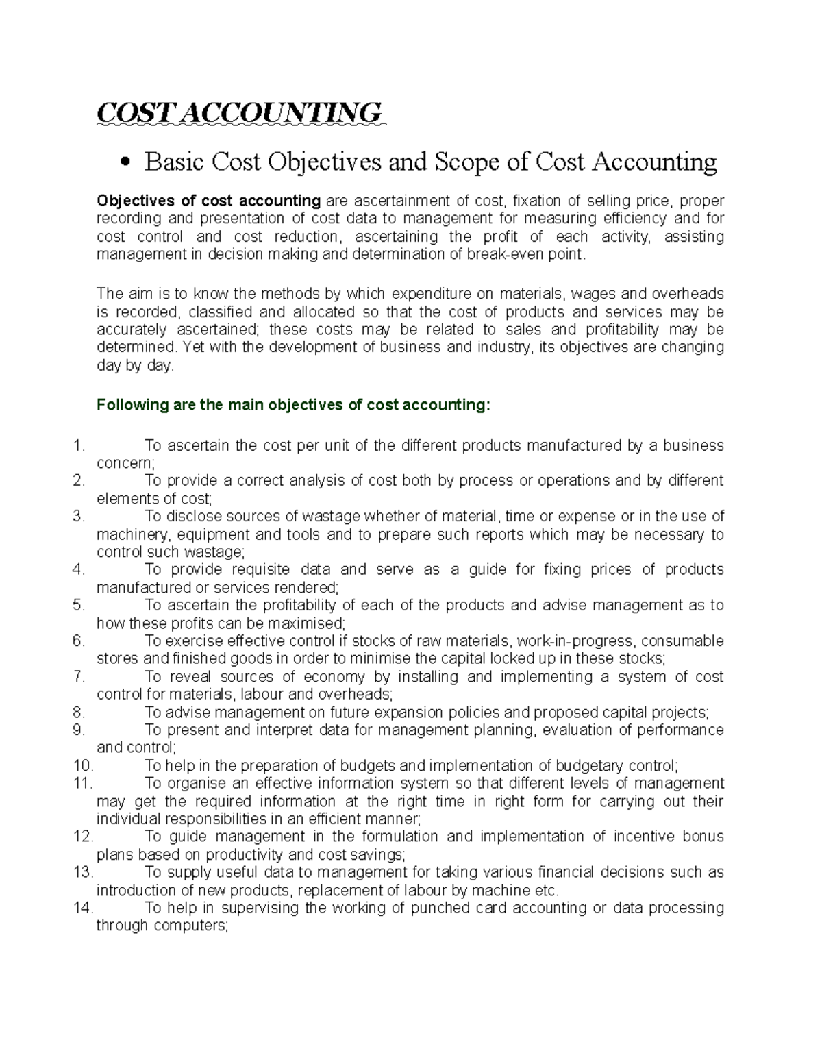 Cost Accounting Notes Cost Accounting Basic Cost Objectives And Scope Of Cost Accounting