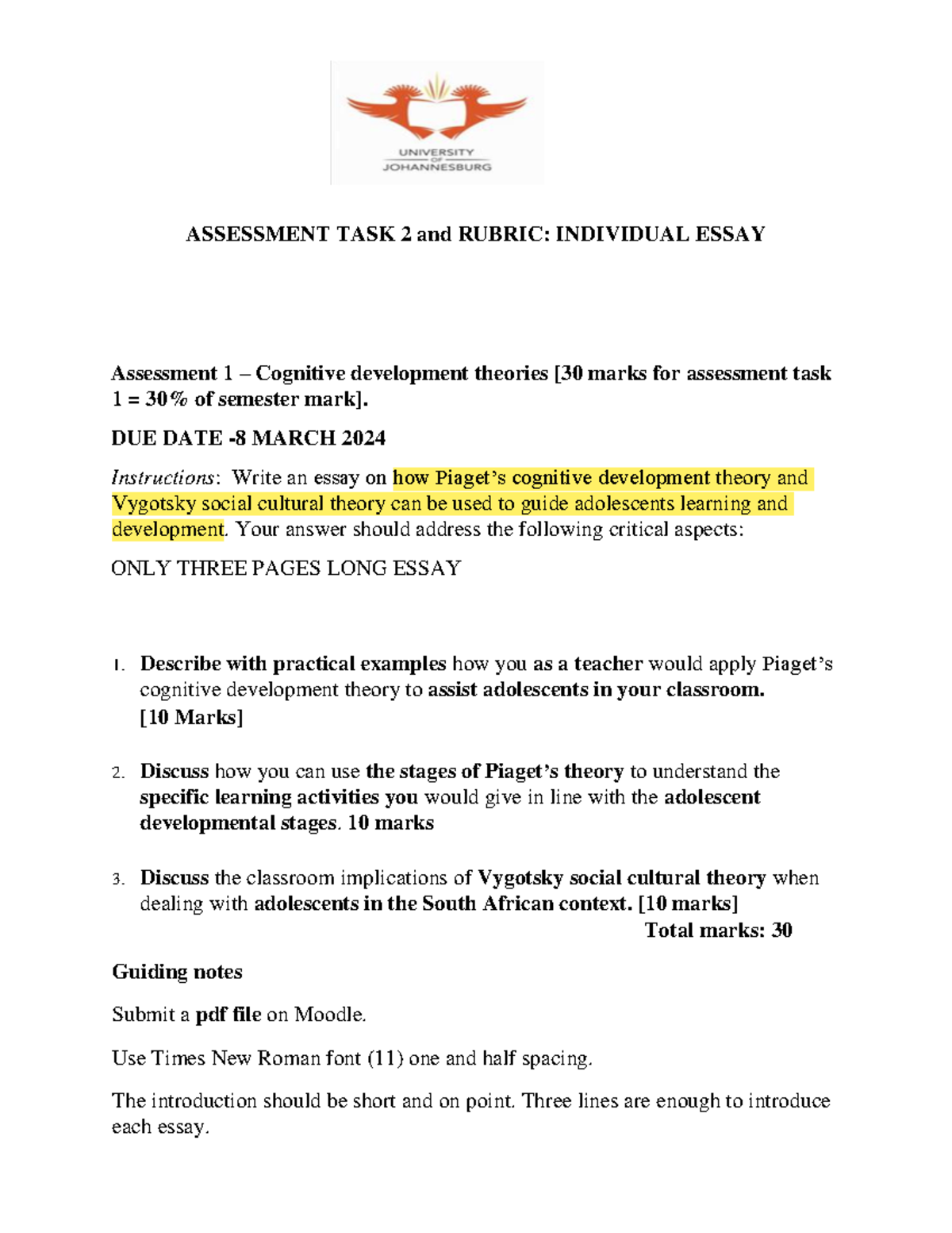 Assessment TASK ONE - EST2A - ASSESSMENT TASK 2 and RUBRIC: INDIVIDUAL ...