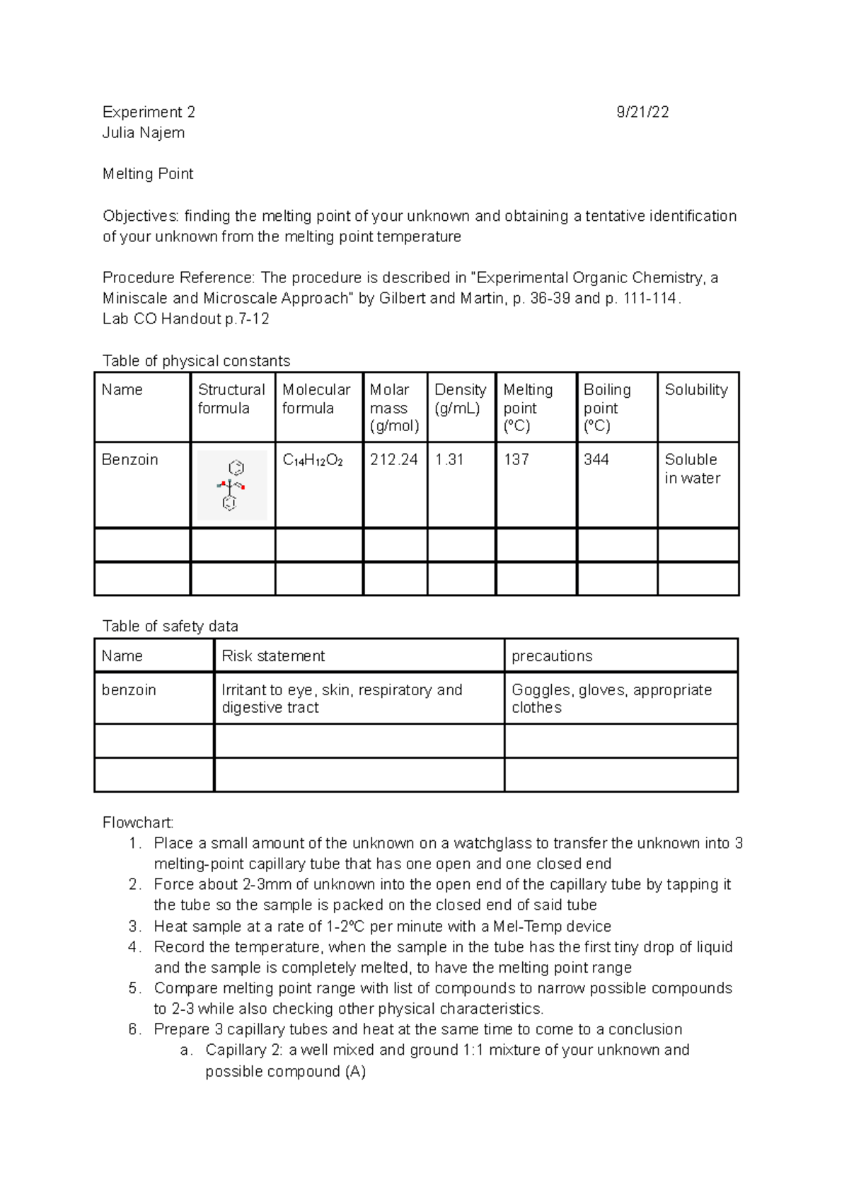 Orgo lab week 3 This is the lab report for the melting point