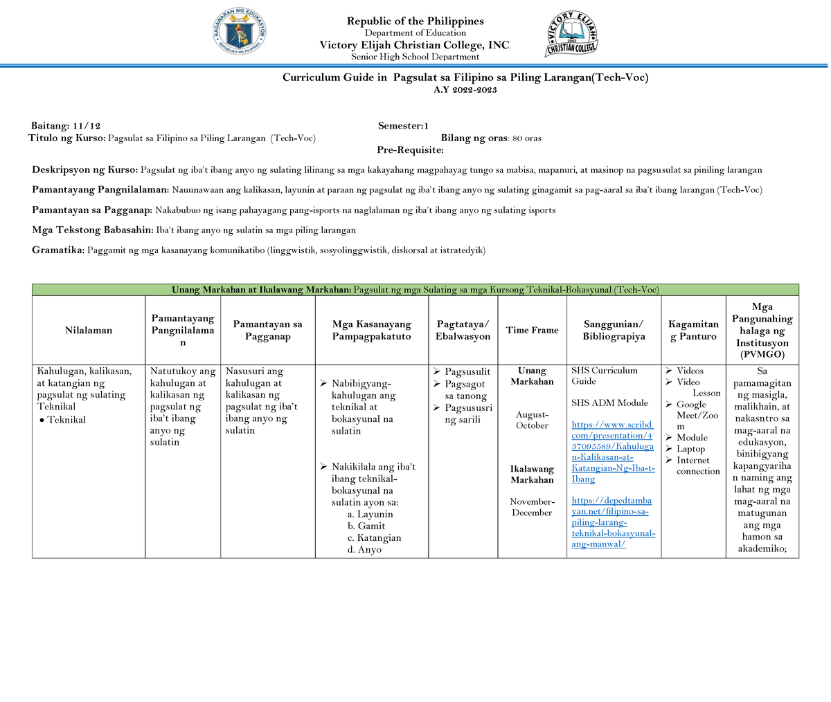 Filipino SA Piling Larangan(TECH-VOC)1 - Department Of Education ...