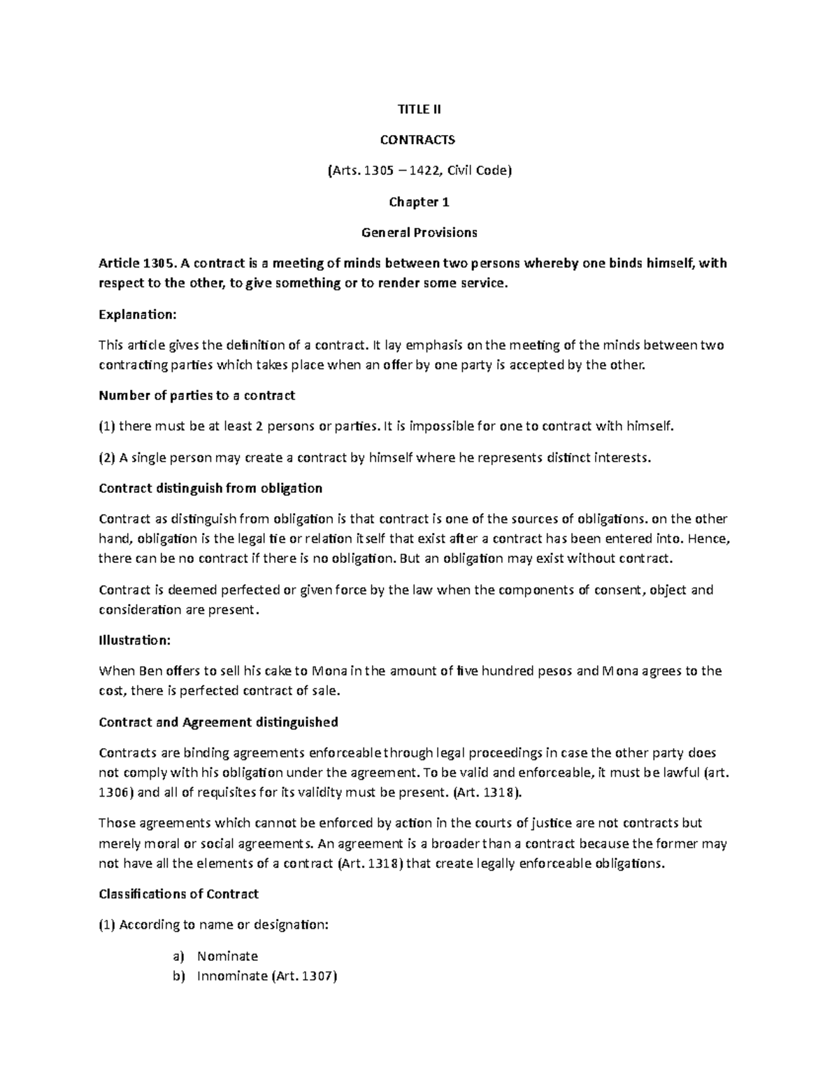 Art 1305 Contracts Title Ii Contracts Arts 1305 1422 Civil Code Chapter 1 General Art 1305 Contracts Title Ii Contracts Arts 1305 1422 Civil Code Chapter 1 General