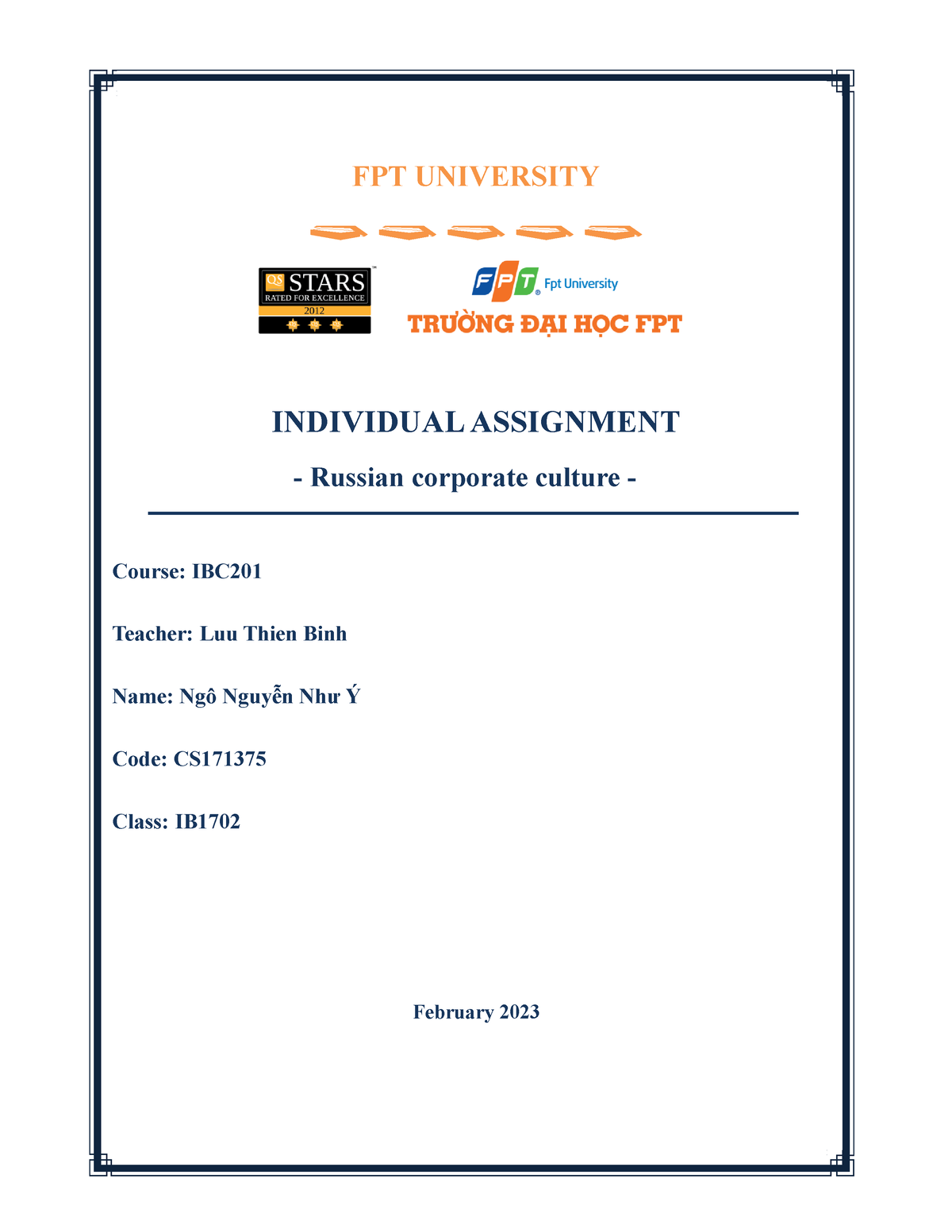 IBC201-CS171375-Ngo Nguyen Nhu Y - FPT UNIVERSITY INDIVIDUAL ASSIGNMENT ...
