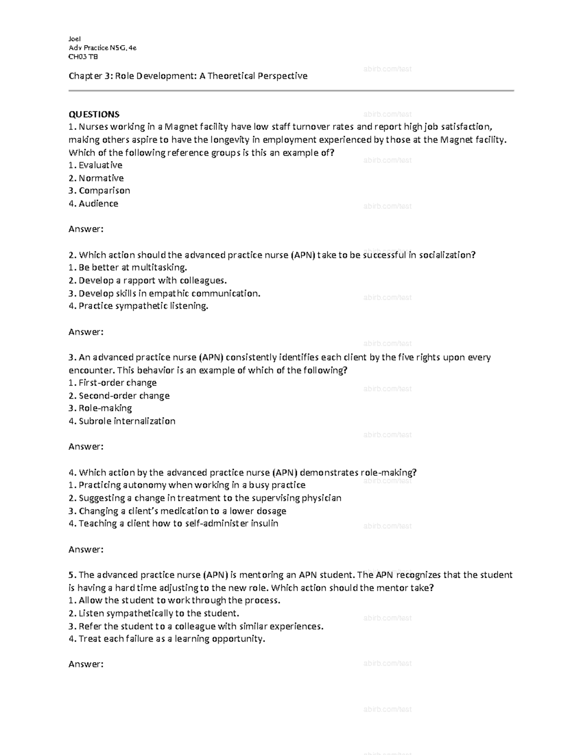 Ch03 - Quiz 2 - Adv Practice NSG, 4e CH03 TB Chapter 3: Role ...