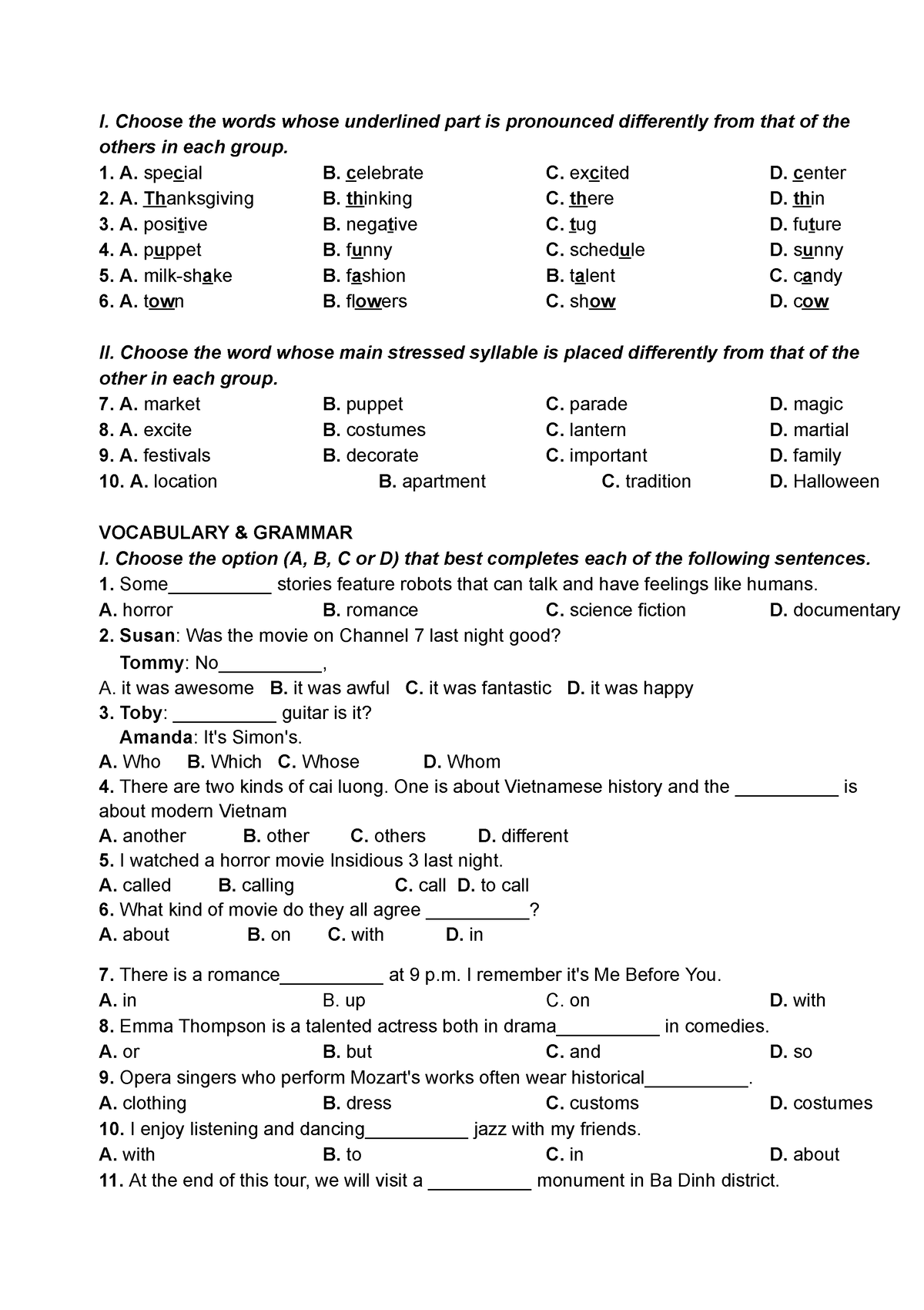 Av6 ôn đề 3 - Bài Giảng - I. Choose The Words Whose Underlined Part Is ...