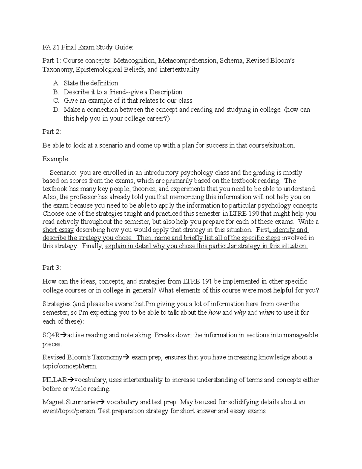 Final Exam Study Guide - FA 21 Final Exam Study Guide: Part 1: Course ...