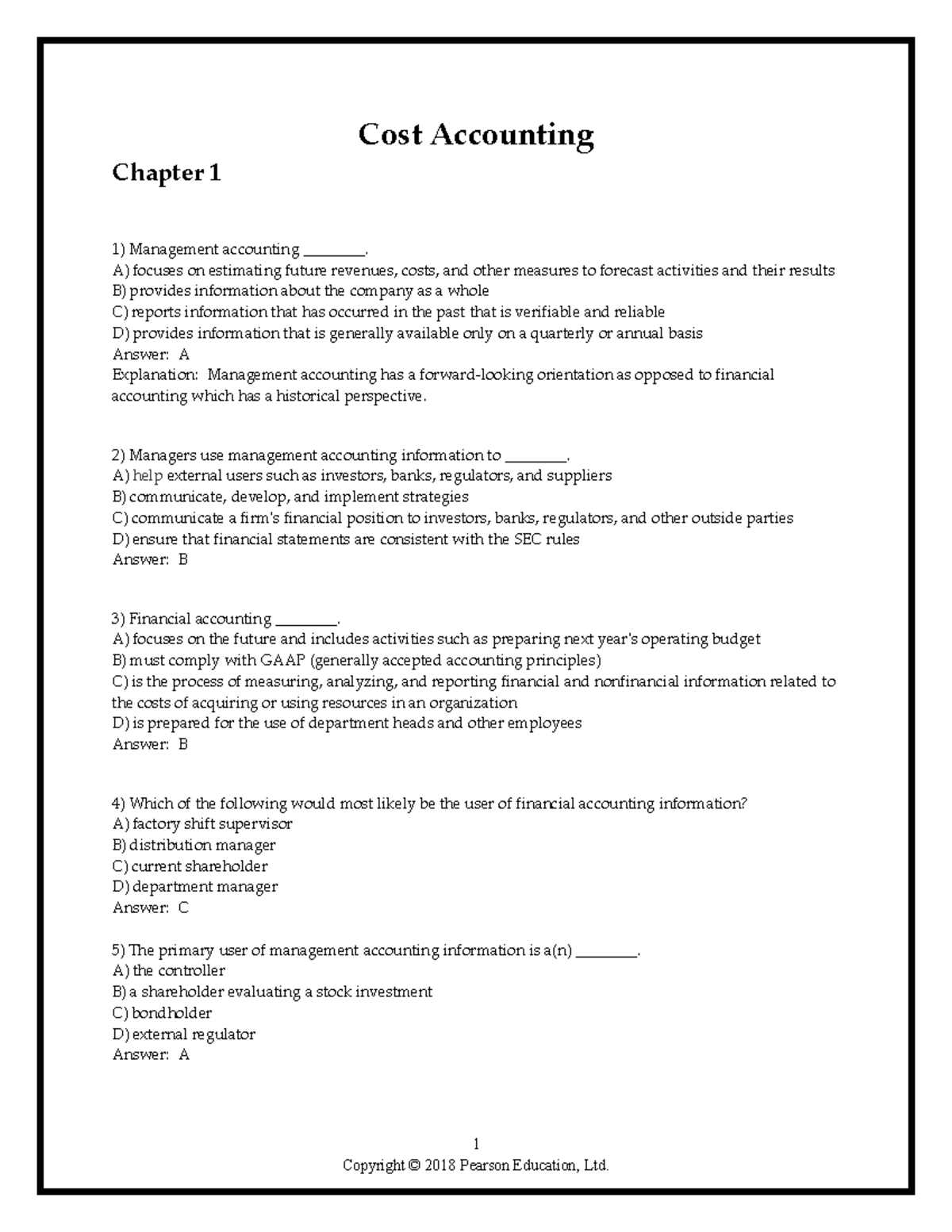 Acc Q Ch1 - Acc Q Ch1 - 1 Cost Accounting Chapter 1 Management ...