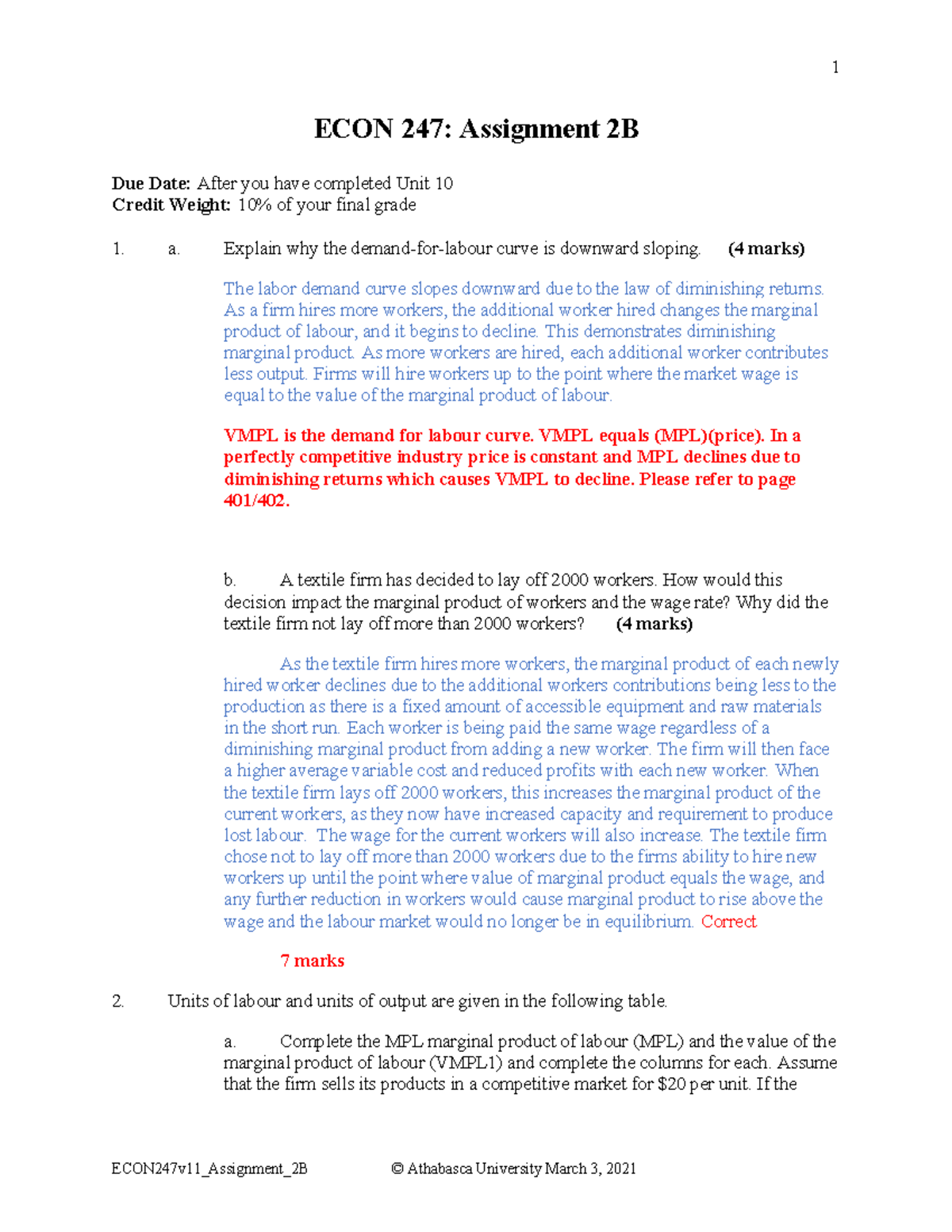 Assignment 2B - Marked - ECON 247: Assignment 2B Due Date: After you ...