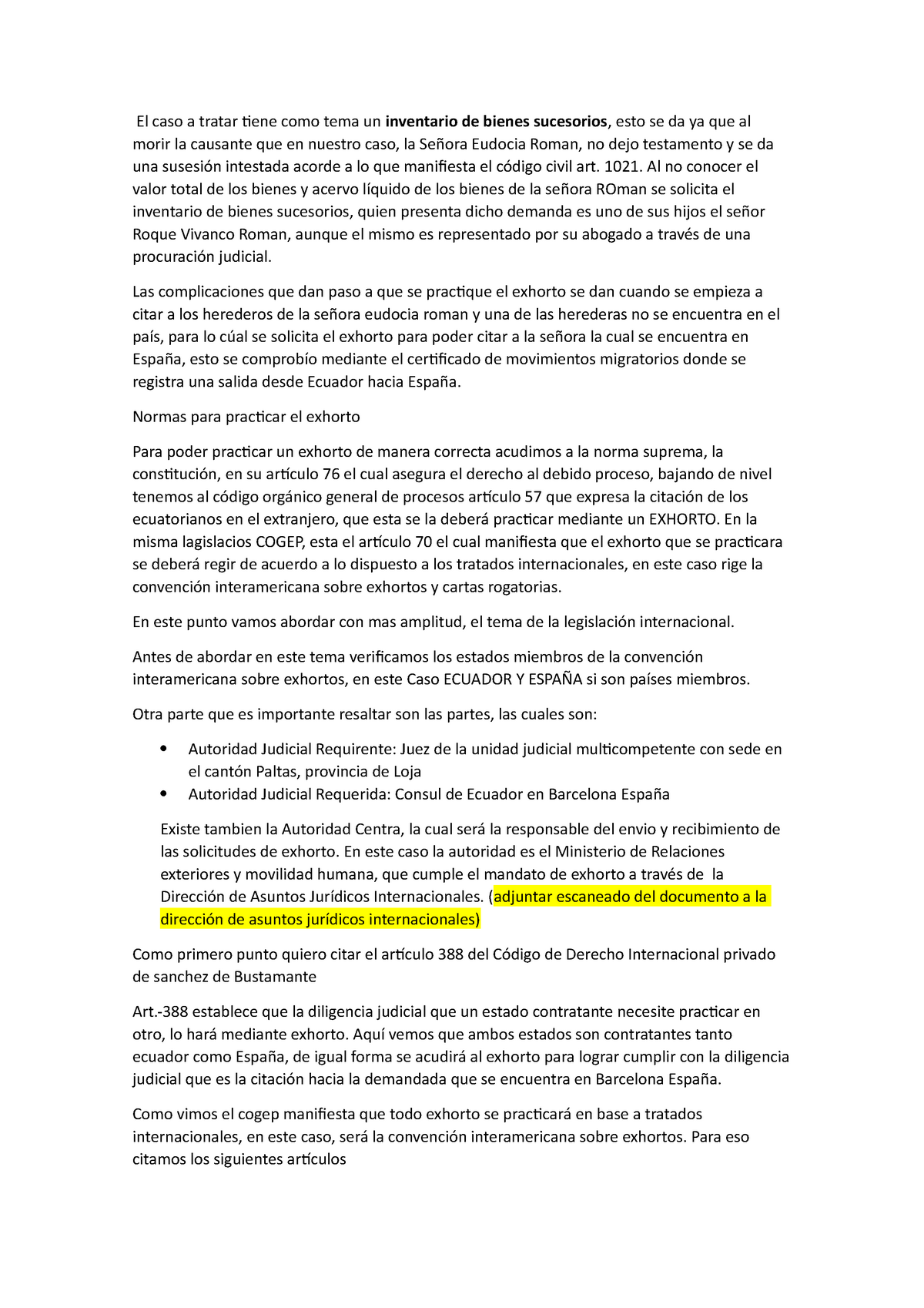 Exhorto en el Ecuador - El caso a tratar tiene como tema un inventario de  bienes sucesorios, esto se - Studocu