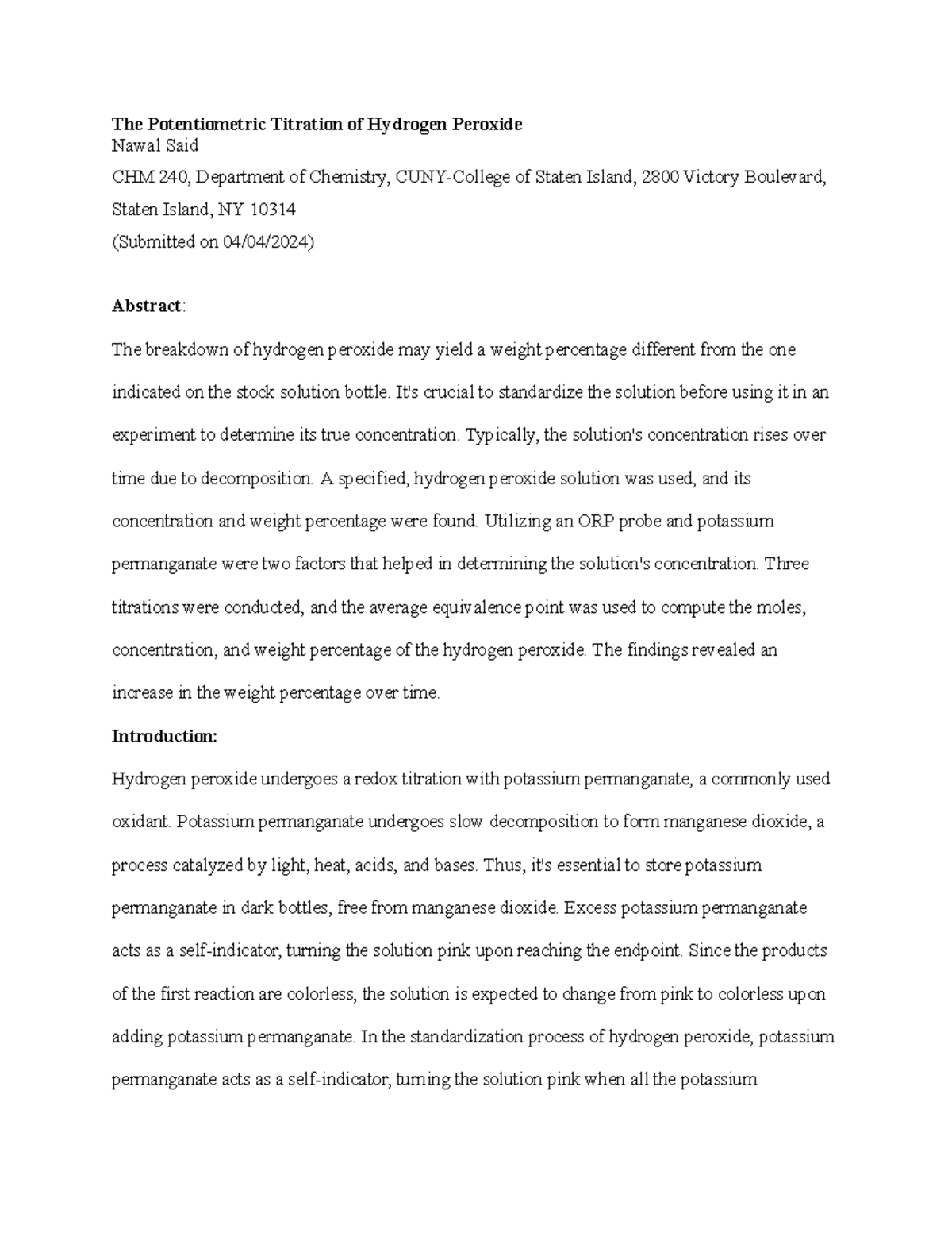 lab report 9 enjoy The Potentiometric Titration of Hydrogen Peroxide