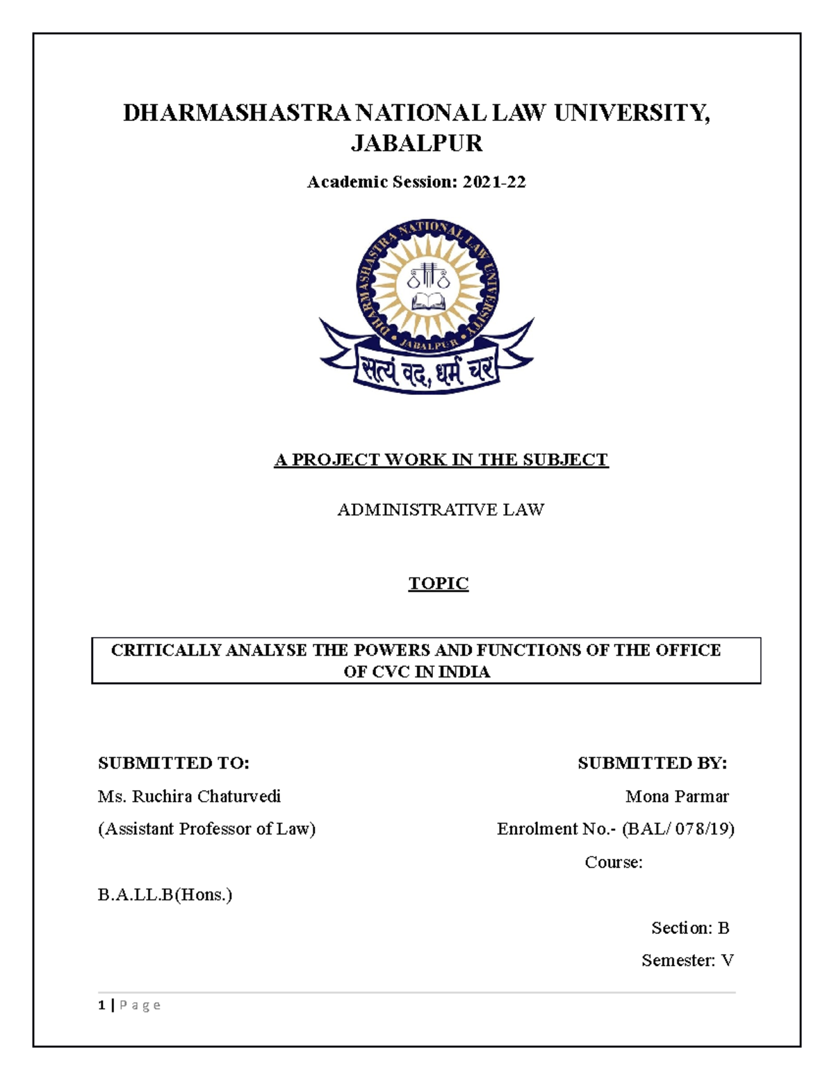 Admin LAW Project - DHARMASHASTRA NATIONAL LAW UNIVERSITY, JABALPUR ...