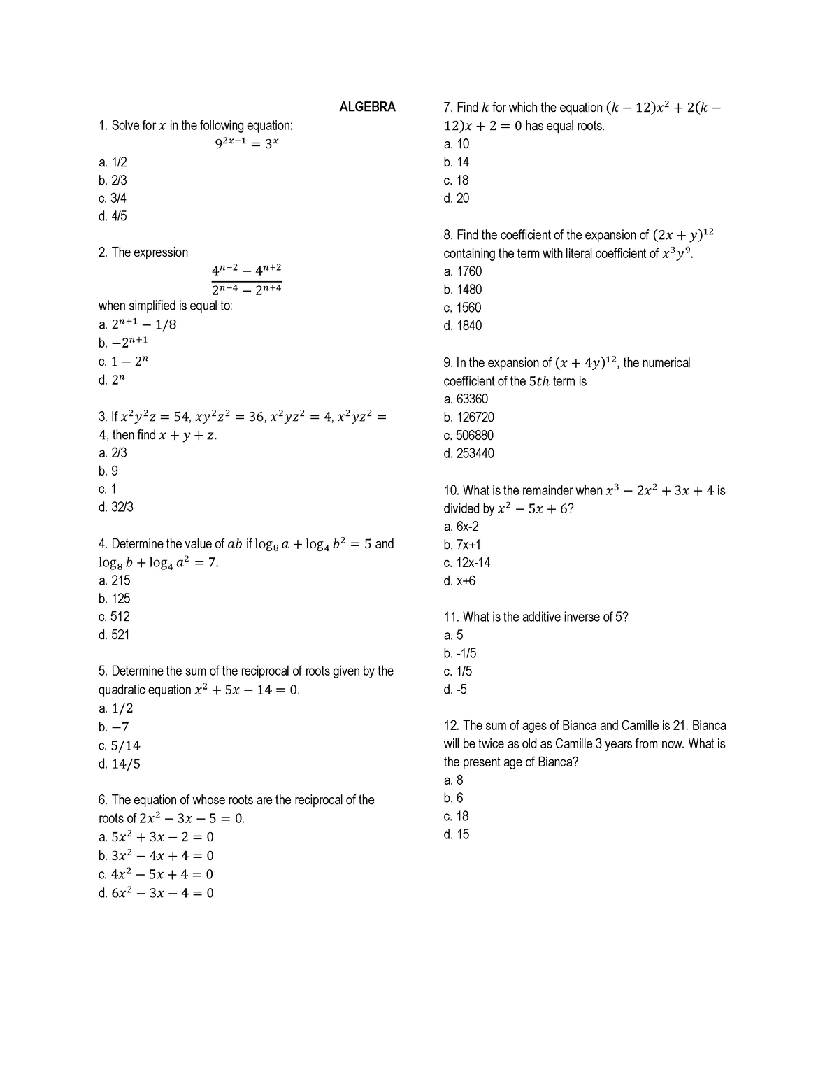 Exercise - Algebra and Trigonometry - ALGEBRA Solve for 𝑥 in the ...