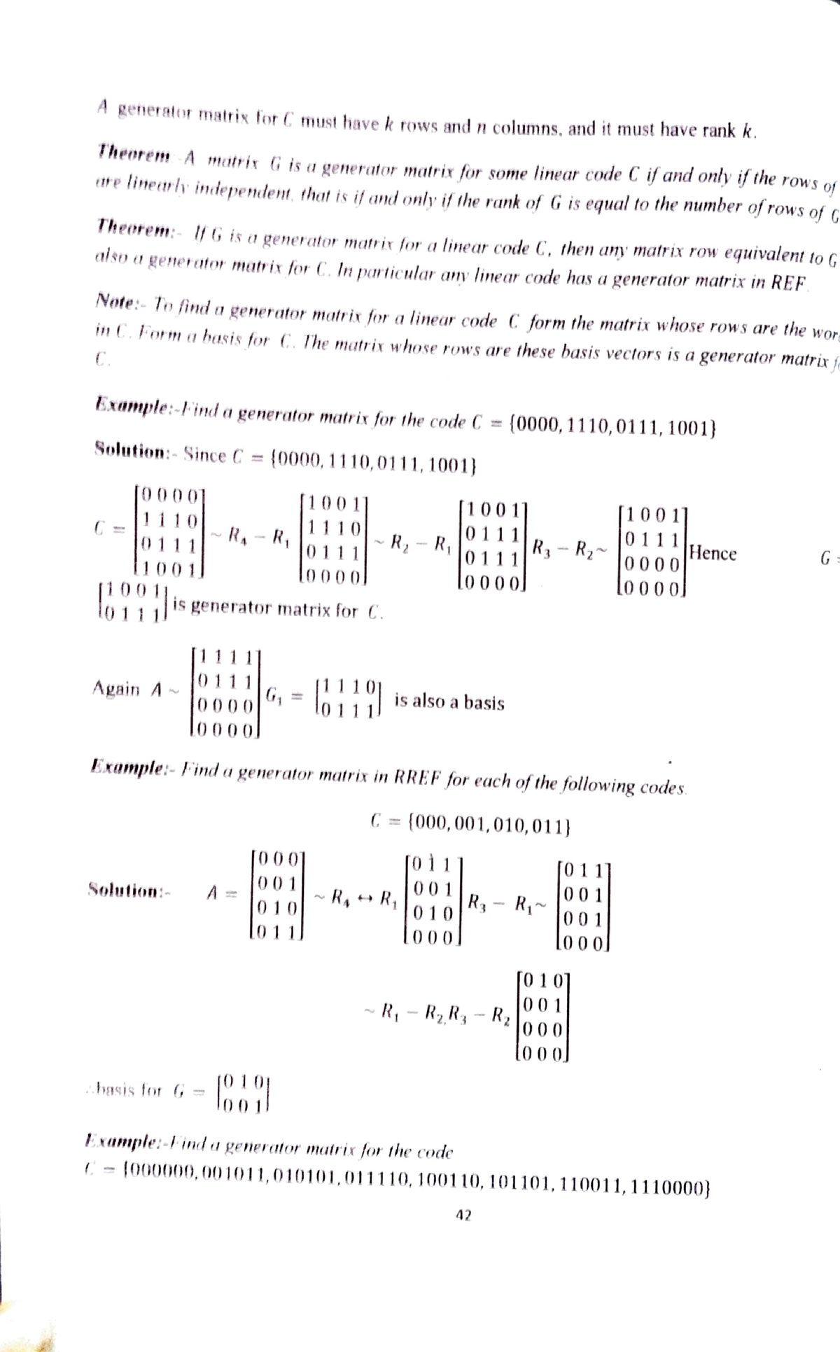 Coding theory 4 - Summary - A Renerator matrix for C must have k rows ...