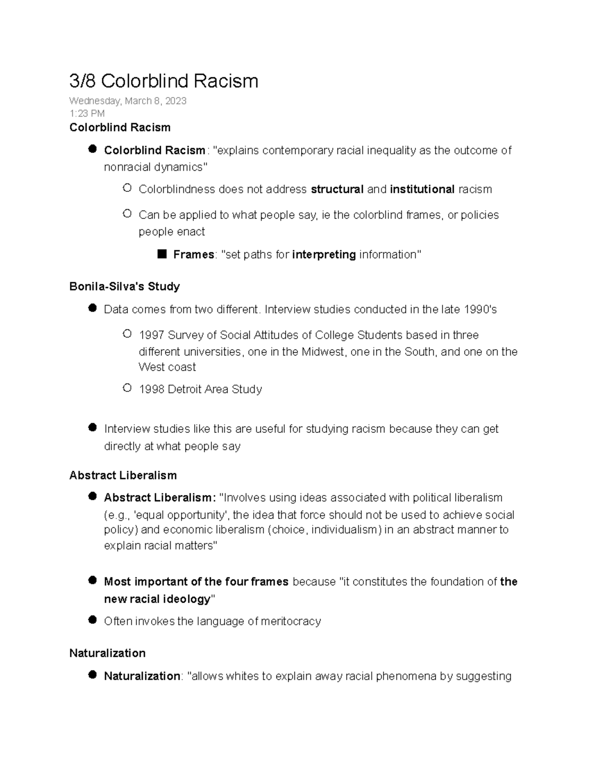 3 8 Colorblind Racism - SOCI 122 lecture notes - 3/8 Colorblind Racism ...
