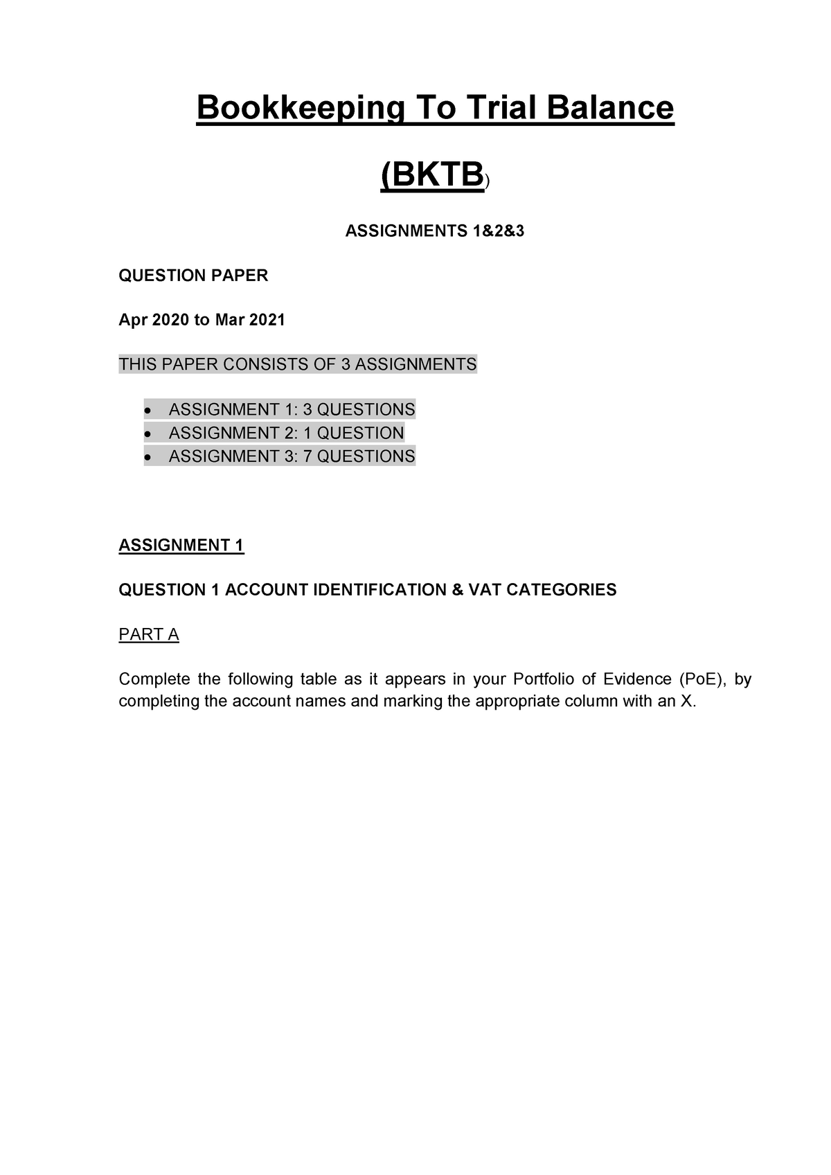 Bookkeeping To Trial Balance Assignment - Bookkeeping To Trial Balance ...