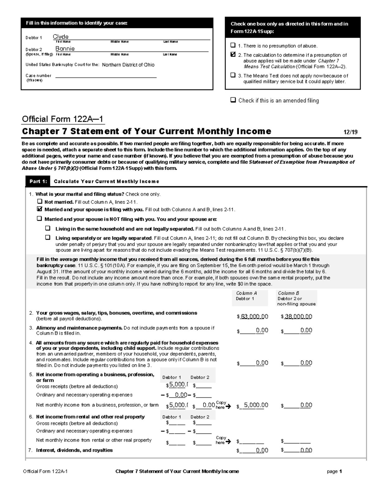 Bonnie and Clyde Form 122a - Official Form 122A-1 Chapter 7 Statement ...