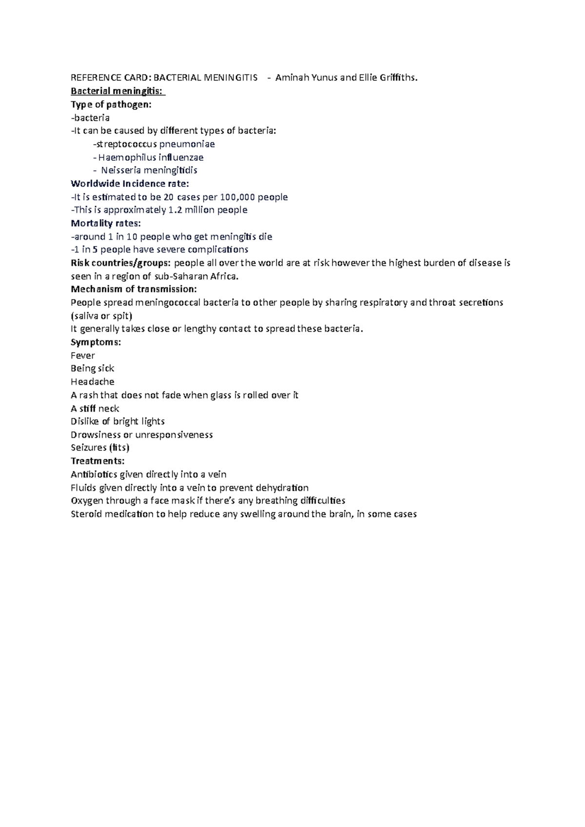 Bacterial meningitis copy - REFERENCE CARD: BACTERIAL MENINGITIS ...