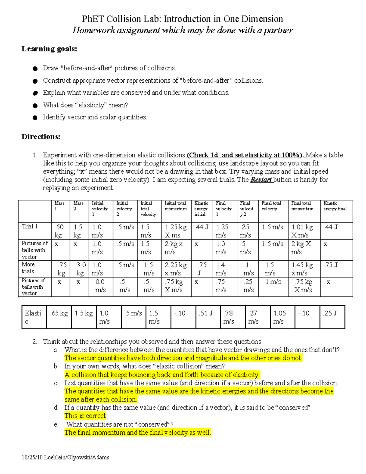 Copy Of Student Directions Collisions Lab1 - PhET Collision Lab ...