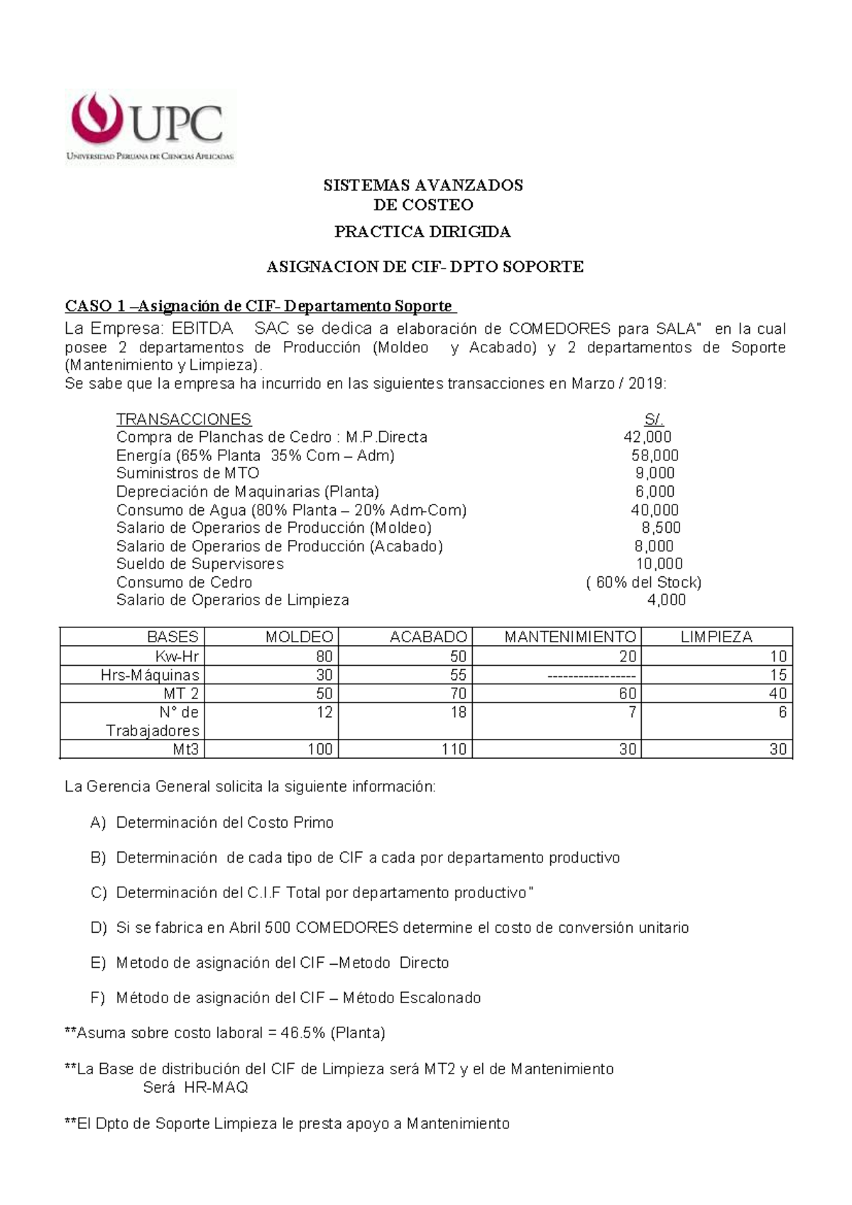 CASO 1 -2- CIF -DPTO Soporte - SISTEMAS AVANZADOS DE COSTEO PRACTICA ...