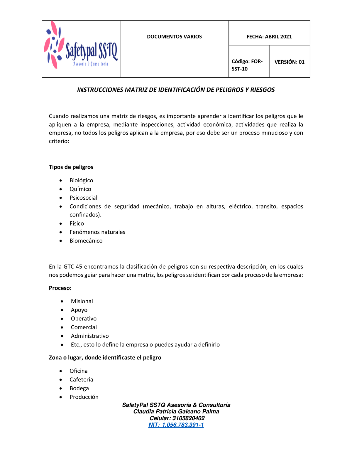 Instrucciones Matriz DE Identificación DE Peligros Y Riesgos - Código: FOR-  SST- VERSIÓN: 01 - Studocu