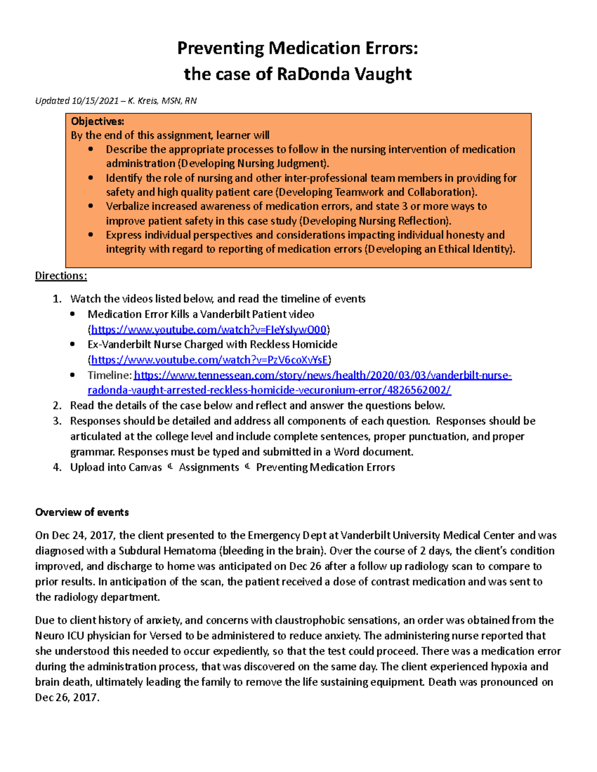 NUR 112 Ra Donda Vaught-Case Study in Preventing Medication Errors ...