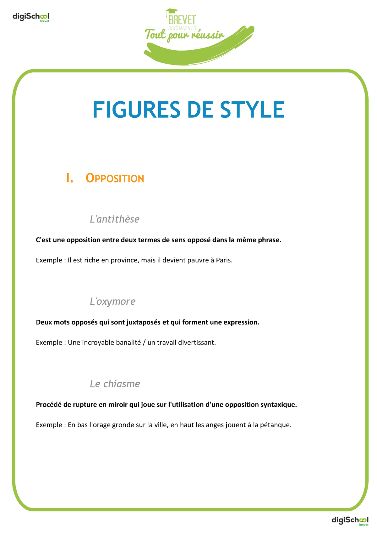 Figures de style  fiche explicative  FIGURES DE STYLE I. OPPOSITION L
